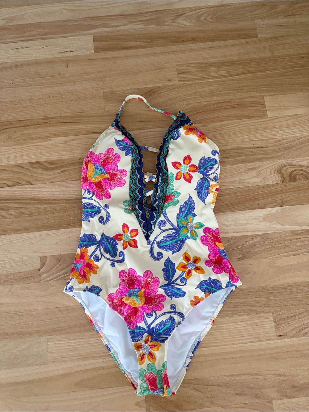 Cupshe Cream Floral Kids One-Piece Swimsuit with Pink, Blue & Orange Flowers